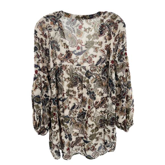 Ecote UO Maroon Gray Paisley Long Sleeve V Neck Boho Flowy Hippie Blouse Top S - Picture 2 of 7